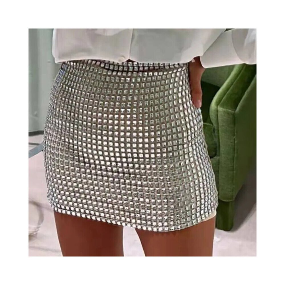 Silver Sequin Mini Skirt High Rise Clubwear Dancewear Stretchy Sizes S M L - Picture 4 of 12